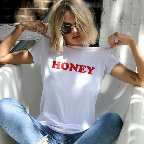 Women Fashion Casual Style ALL-match HONEY Printed Summer Short Sleeve O Neck Cotton Tee Shirt White Pink Top T shirt