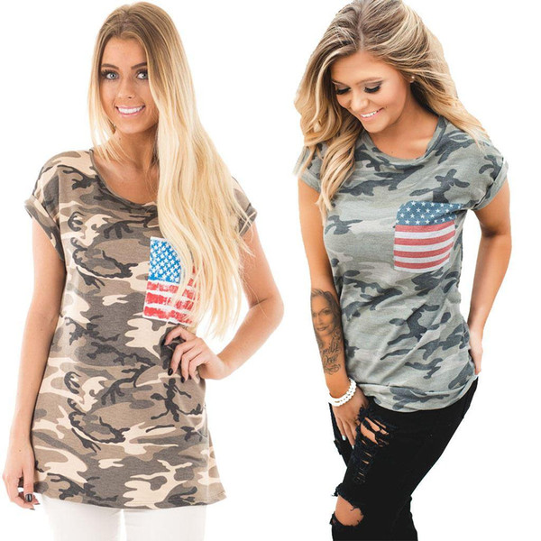 Camouflage Printed American Flag T-shirt New Casual Summer Ladies Short Sleeve O Neck Tops Femme Tee Shirts