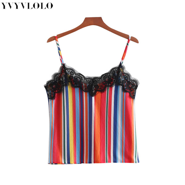 YVYVLOLO Summer fashion Halter tops Women Sexy V-neck sling Lace hollow Splice tops color stripe Casual sling top