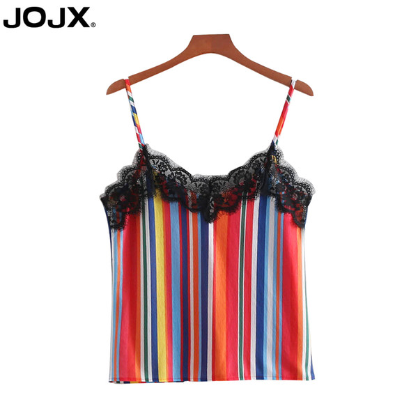 JOJX Summer fashion Halter tops Women Sexy V-neck sling Lace hollow Splice tops color stripe Casual sling top