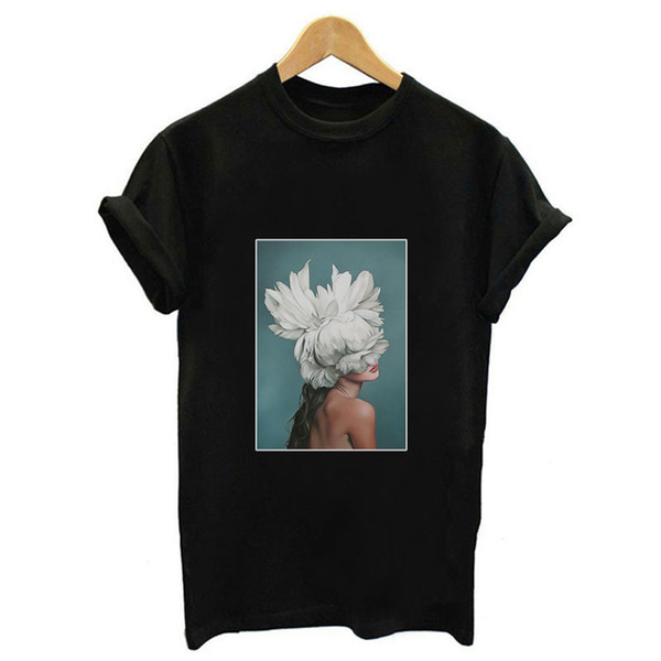 2019 New Summer Tumblr Tops Fashion Streetwear Women Black Tshirt Aesthetics Flowers Feather Print Harajuku White Casual T-Shirt