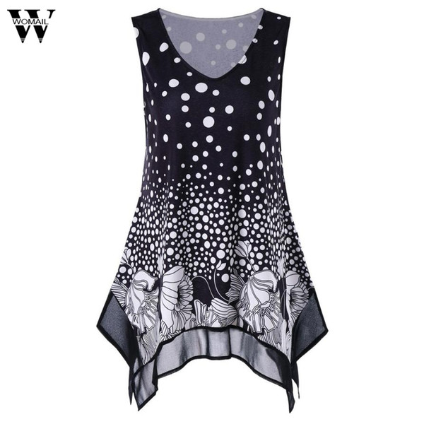 2018 Fashion Womens Dot Print Asymmetrical Vest Tank V-Neck Sleeveless Casual Tops MAR14