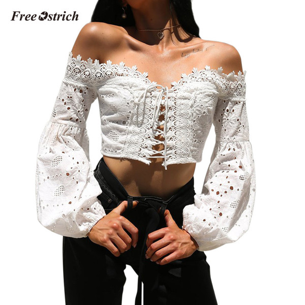 Free Ostrich Clothes Women Off Shoulder Long Sleeve Hollow Lace Loose Blousee Tops T-Shirt sexy t-shirt women cotton white hot