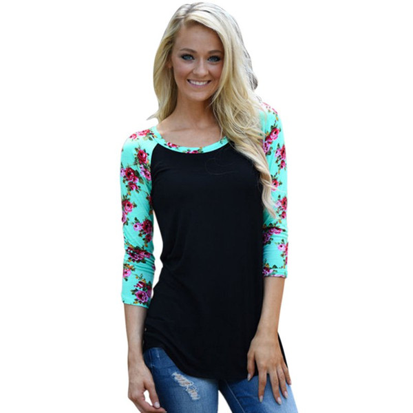 Wholesale- Women Ladies Floral Striped T-shirt Casual Slim 3/4 Sleeve Shirt Tops Crew Neck Tee Shirt