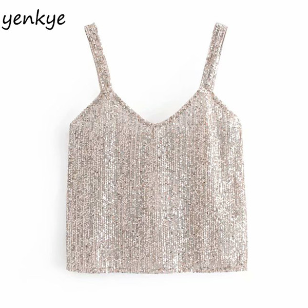 Fashion 2019 Sexy Straps Sequin T-Shirt Women V Neck Sleeveless Crop Top tee shirt femme camiseta mujer HHWM1771