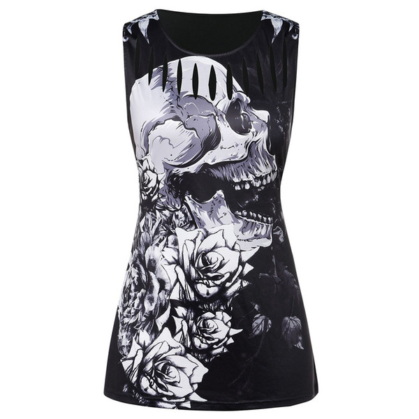 YOUYEDIAN Ripped Skull Print Tank Top Casual Women's Sleeveless Round Neck Vest Summer Fashion Tank Top camiseta tirantes mujer