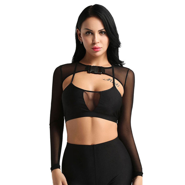 Short Perspective Vest Mesh Halter Buckle Women Crop Top Bustier Open Front Soft Sexy Long Sleeve Clubwear Solid Riding