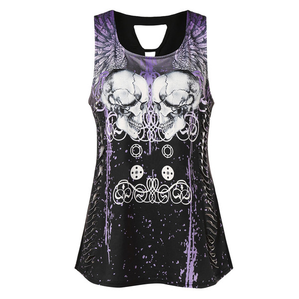 YOUYEDIAN Skull Print Cut Out Tank Top Casual Women's Sleeveless Round Neck Vest Summer Fashion Tank Top camiseta tirantes mujer