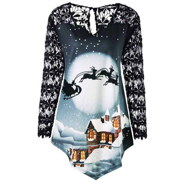 Women harajuk T-shirt Christmas Plus Size 5XL Print Lace Patchwork Asymmetrical long sleeve Tops shirt poleras de mujer moda #TW