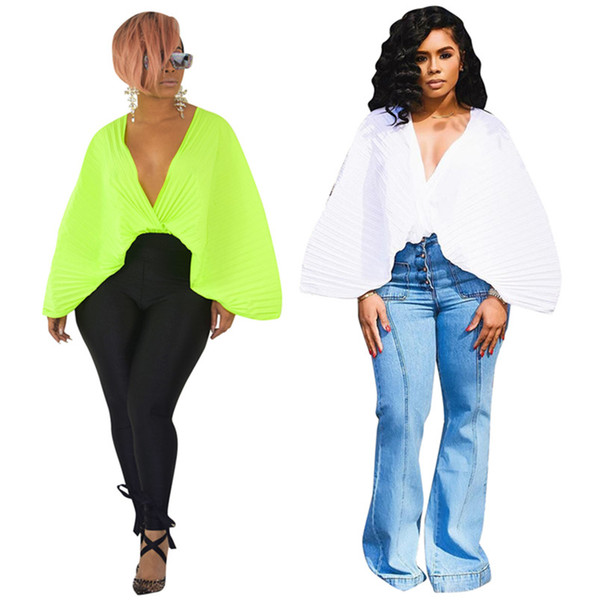 Women t-shirt Solid sell well V-Neck Ruched Batwing/Dolman Sleeve Long sleeve backless Chiffon short crop top summer clothing plus size 297