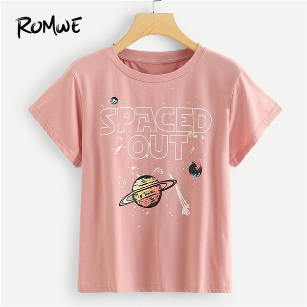 Woman Pink O Neck Short Sleeve Casual T Shirt Fashion Summer Tees Chic Galaxy Print Letter Tops Womes Clothing