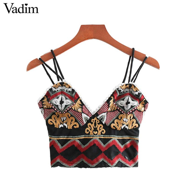 Vadim women sexy floral embroidery crop tops short camis sleeveless backless Spaghetti Straps blouse ladies casual shirts WA137