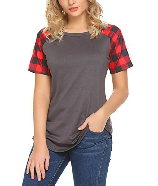 Female T-Shirt Plaid Raglan T Shirts for Women Long Sleeve O-neck Ladies Baseball Tops Stitched Short-sleeved T-shirt