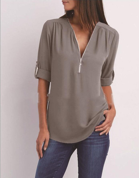 Spring Summer Chiffon Blouse Women Shirts Long Sleeve Casual V-neck Solid Zipper Blusas Female Tops Plus Size 5XL