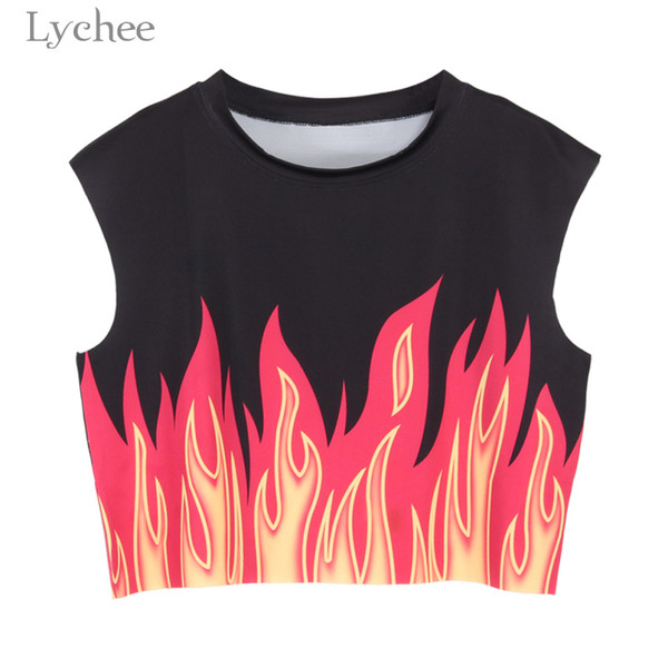 Lychee Punk Gothic Summer Women Crop Top Flame Print Sleeveless Casual Loose Tank Top Vest Streetwear Female