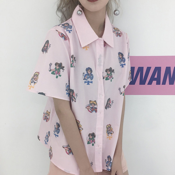 Sailor Moon Pink Short Sleeve Shirts Harajuku T Shirt Women Clothes Cosplay Cute Kawaii Tops Turn Collar Cartoon Tshirt