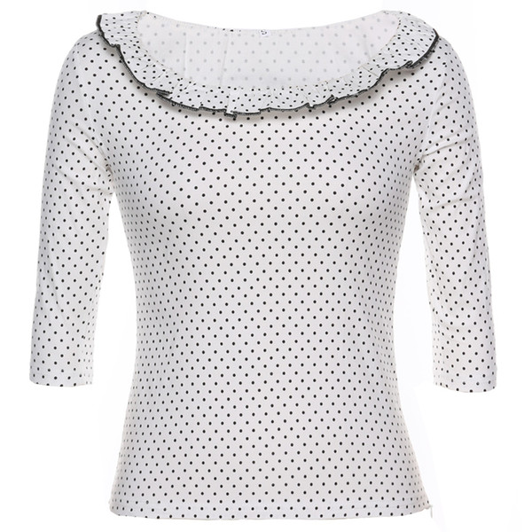 Wipalo Plus Size Solid Vintage Tops Women Spring Autumn T-shirts O Neck 3/4 Sleeve Polka Dot Cotton Female T-Shirts New Tops Tee