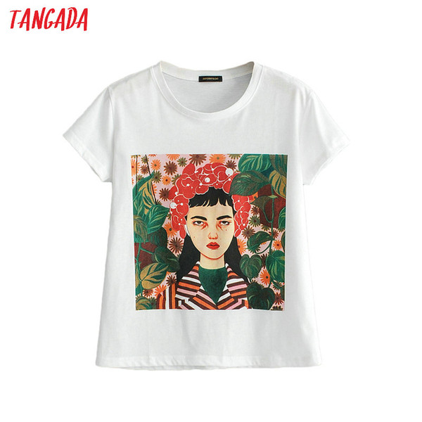 Tangada women flower character white t shirt fashion print short sleeve T-shirts casual brand tops JN157