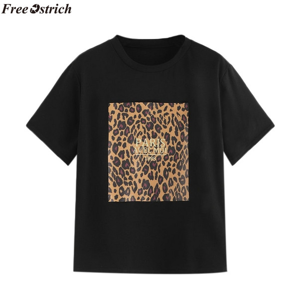 FREE OSTRICH Cheetah Print Tee 2019 Fashion Women Black Leopard Round Neck Clothes T Shirt Graphic Summer Short Sleeve T Shirt