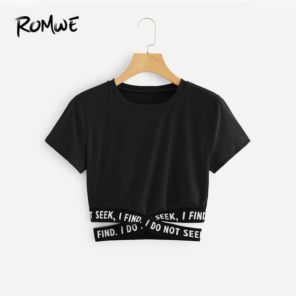 Contrast Slogan Criss Cross Waist Tee 2019 Black Posh Short Sleeve Round Neck Graphic Tees Women Summer Chic Shirt