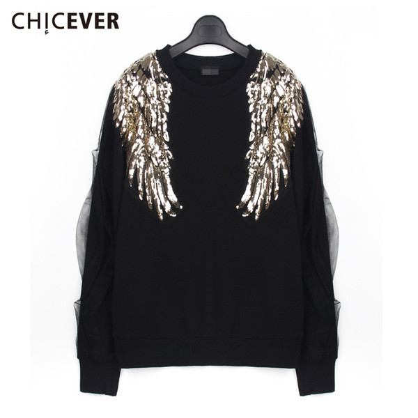 CHICEVER Autumn Kintted Female T shirts For Women Top Patchwork Mesh Sequin Long Sleeve Women's Tshirt Clothes Fashion 2018