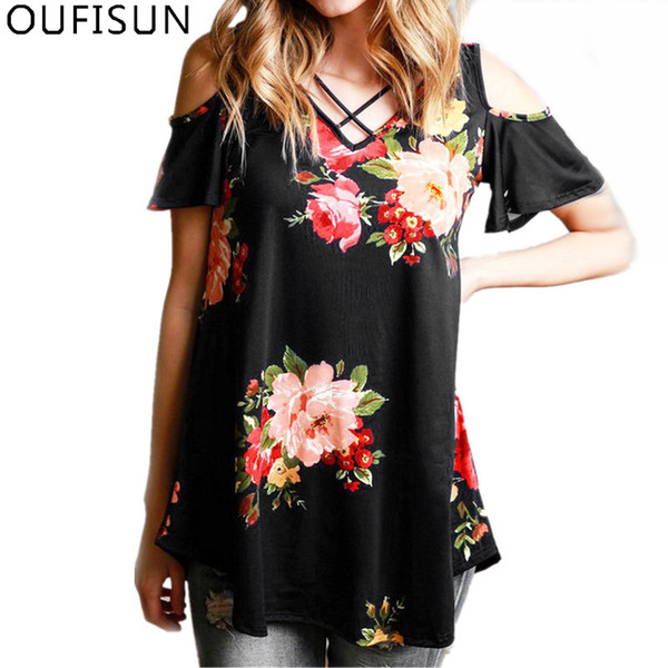 Oufisun Plus Size 5XL Sumemr Print Floral Casual Women T Shirts New Casual Sexy V-Neck Open Shoulder Loose T-shirt Soft Tee Tops