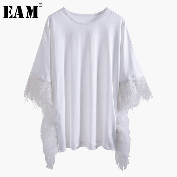 [EAM] 2019 New Spring Summer Round Neck Three Quarter Sleeve Feather Split Joint Loose T-shirt Women Fashion Tide JT8710