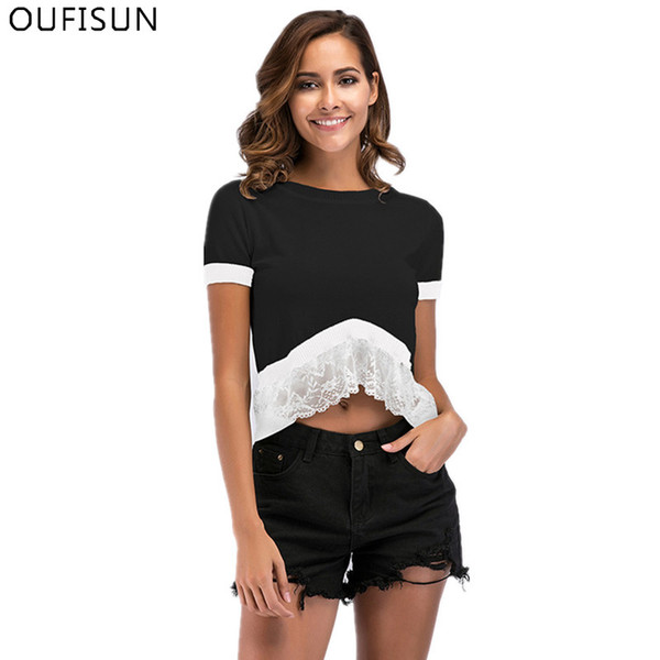 Oufisun Summer Sexy Lace patckwork O-neck Short Sleeve Women T-shirt 2019 New Casual Fashion Solid Short T-shirt Slim Crop Tops