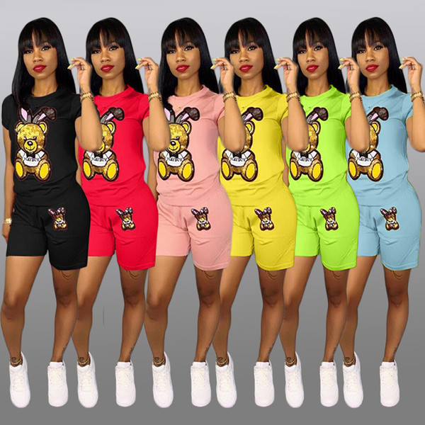 Women Cartoon Sequins Tracksuit bear Summer Short Sleeve Outfits Printed T shirt Tee Shorts 2 Piece Sportswear sport Set AAA2221