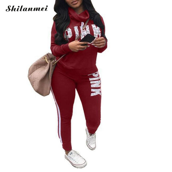 Pink Letter Print Tracksuits Women Two Piece Set 2018 Autumn Long Sleeve Hoodies Tops + Jogger Pants Set Sweatsuit 2pcs Outfits