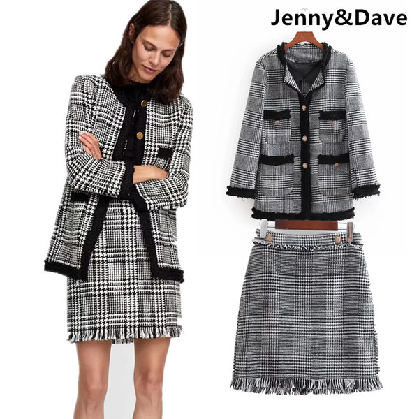 Jenny&Dave 2 piece set women england houndstooth plaid patchwork Woollen blazers jacket mini package hip skirt women plus size