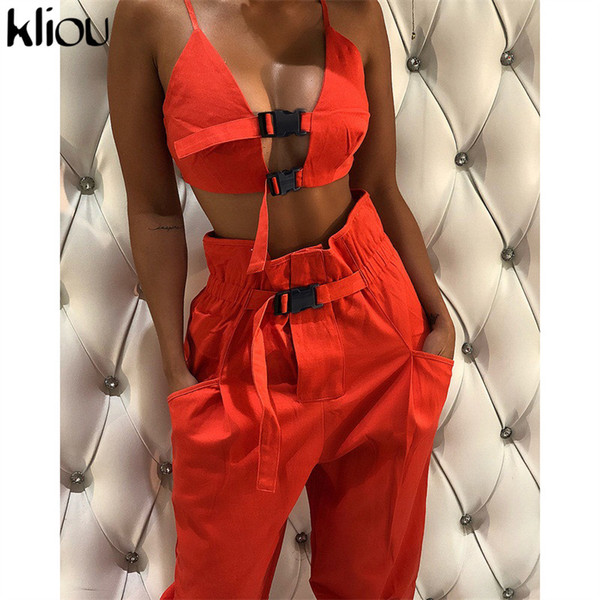 Kliou sexy crop top strap button fly women two pieces sets 2018 new arrival solid female casual pants button pockets tanksuits