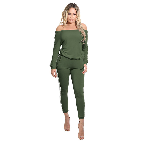 2017 Autumn Women Tracksuit Set Fashion Sexy Off Shoulder Long Sleeve Tops T-shirt + Pants w/ Pockets Women Casual 2 Piece Set