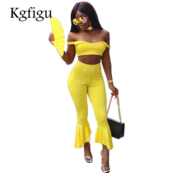 KGFIGU 2018 Summer New Style High Quality Fashion Two Piece Sets Women Sexy Skinny Strapless Tank Tops Elastic Waist Flare Pants