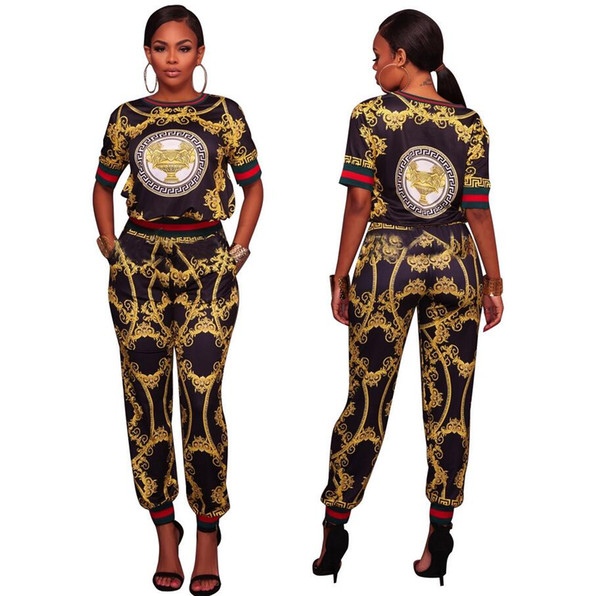 2018 European and American fashion style stitching Two-piece large size Sexy digital printing short-sleeved long pants suit