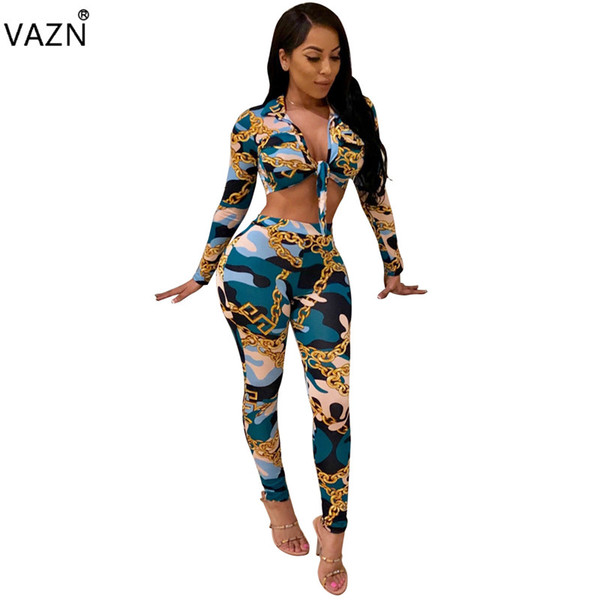 VAZN 2018 New Style Brand Fashion Sexy 2 piece Women Set Print V-Neck Full Sleeve Long Pant Bodycon Set 5540