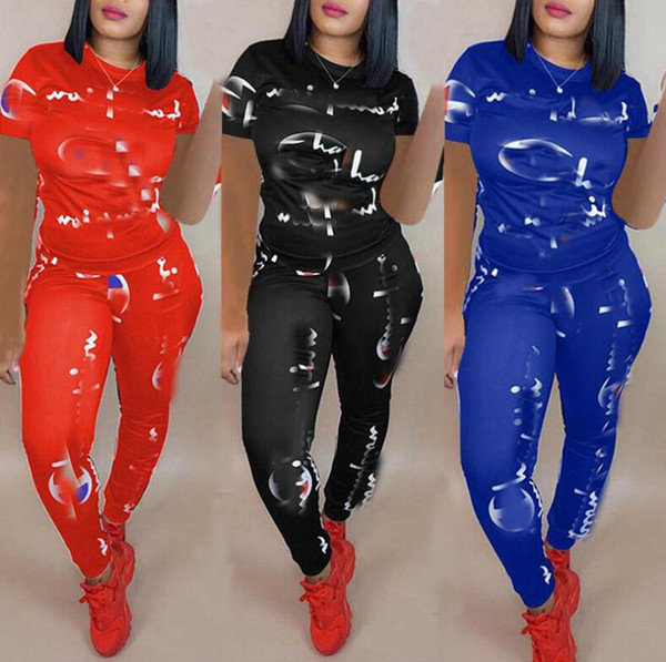 Women Champions Letter Tracksuit Short Sleeve T shirt + Pants Leggings 2PCS Set Summer Designer T-shirt Outfit CHAMP Sportswear Suit Clothes