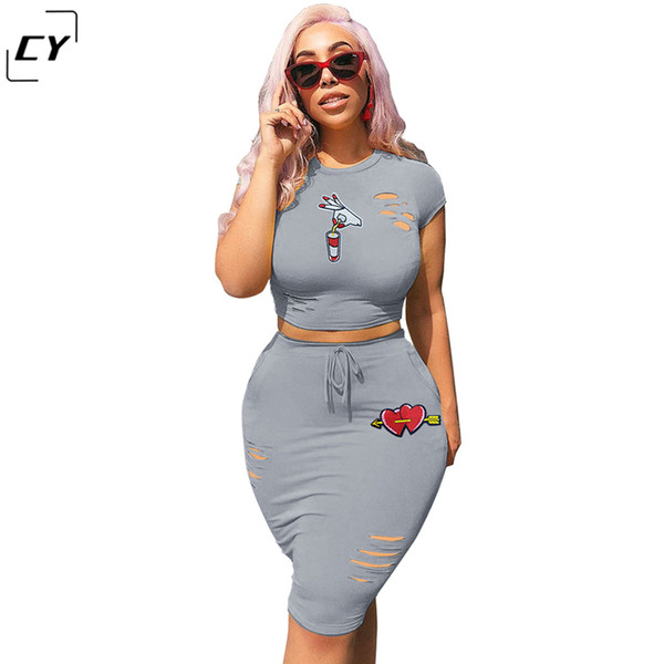 Women Summer 2 Piece Set O-Collar Short Sleeve Top And Package Hip Skirt Ladies Casual Style Twopiece