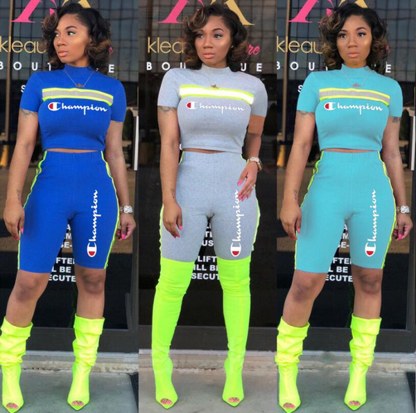 2019 Champions Brand Tracksuit Women Reflective Strip T-Shirt Shorts Pants 2 piece Sportswear Summer Outfit Sports Joggers Clothes Set