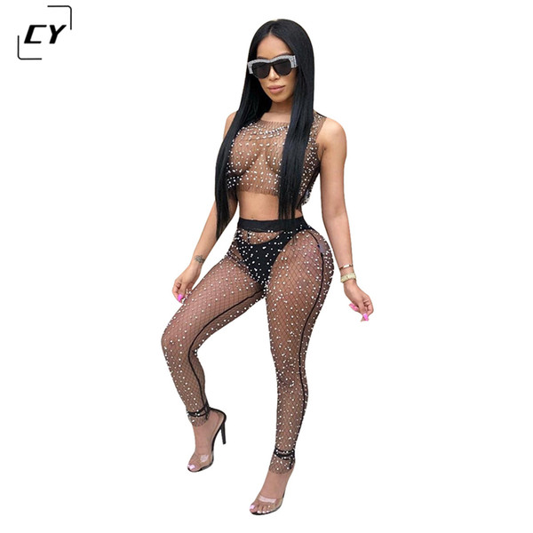 Sexy Mesh Pearls Beading Two Pieces Set Women Sleeveless See Through Tank Crop Top and Ankle-Length Pants Party Matching Outfits