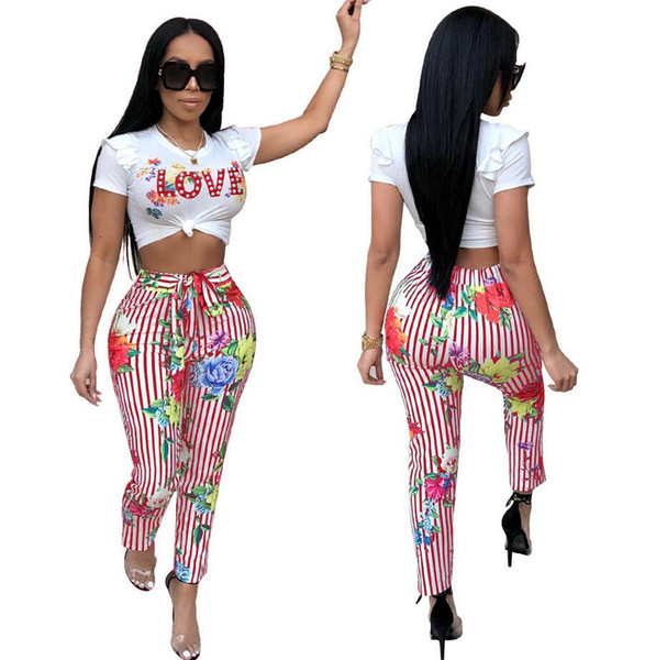 Wholesale 2018 European and American women's stitching printing sports and leisure two-piece suit Nightclub clothes free shipping