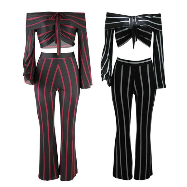 2pcs Fashion Slim Stripes Long Flare Sleeve Pants Slash Neck Elastic Women High Waist Black Red Lace Up Party Lady Sexy Set