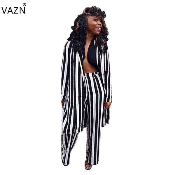 VAZN 2018 New Style Brand Fashion Sexy 2 piece Women Set Striped X-long Outwear Long Pant Bodycon Set JH041