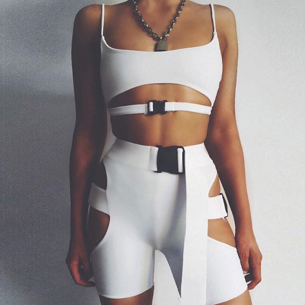 Kasimur Fall 2018 Stretchy Trendy Buckle Club Two Piece Set Women Strap White Crop Top Cut Out Shorts Sportswear Matching Sets