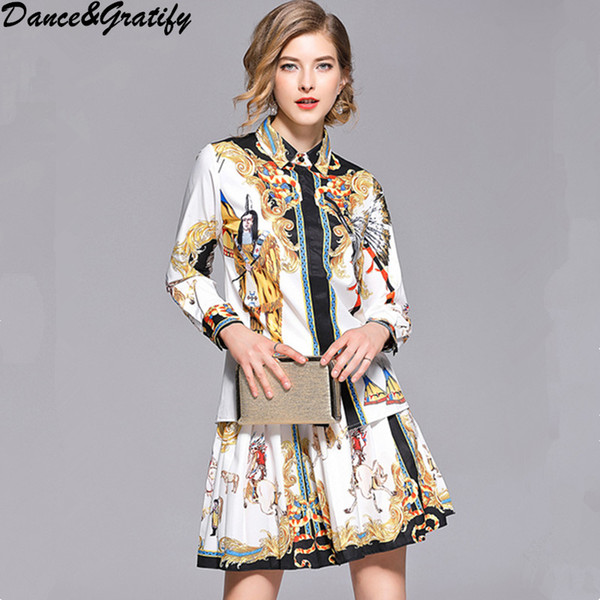 2018 Autumn New Arrival Suit 2 Piece Women's Casual Style Full Sleeve Print Mini Short Skirt Dress Women Runway Set