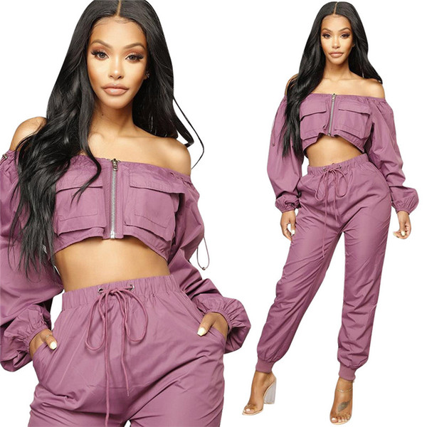 Off Shoulder 2 Piece Set Women Tracksuit Zip Front Crop Top + Drawstring Pant Sportwear Casual Two Piece Outfit Sets Sweat Suits