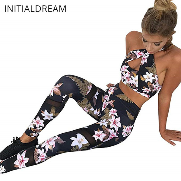 INITIALDREAM Women's Two Piece Floral Tracksuit, Halter Crop Top Legging Set Activewear Sportswear