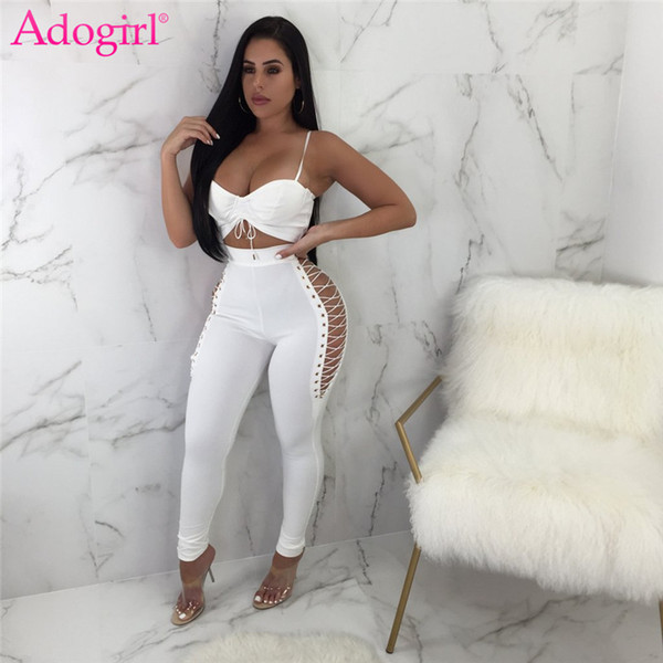 Adogirl Women Sexy Club Two Piece Set Drawstring Spaghetti Straps Bra Top Grommet Crisscross Hollow Out Pants Casual Outfits