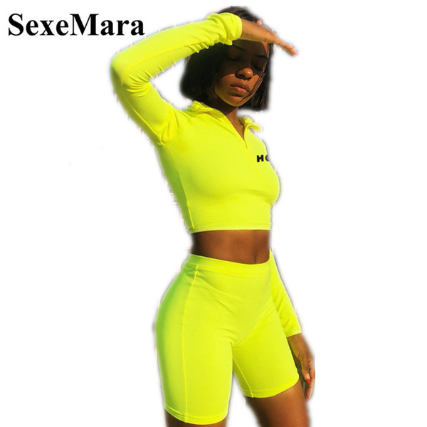 SexeMara Tracksuit Women Two Piece Outfits Fluorescent Long Sleeve Shirt Crop Top Biker Shorts Fall 2018 Sexy Sweatsuit D70-AE96