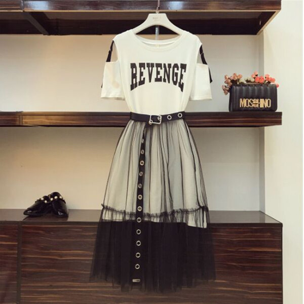 2018 Summer Women Gauze Skirt Sets Two Piece Set Long Design Off Shoulder T Shirt & Gauze Skirt Students Holiday Outfits